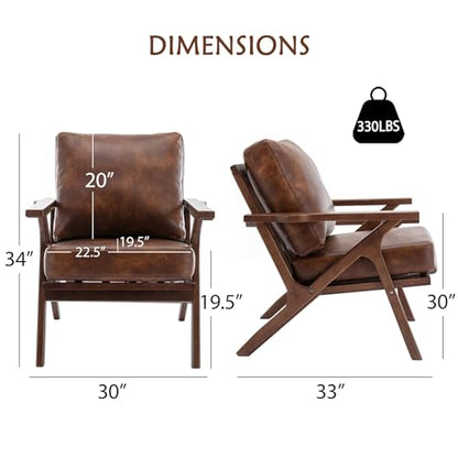 Mid Century Modern Chairs,Accent Chairs Set of 2, Comfy Upholstered PU Leather Armchair with Solid Wood Frame, Retro Leisure Chair Reading Nook Chair for Living Room Bedroom Office