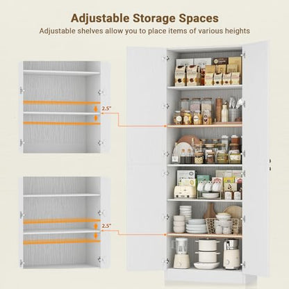 80" Storage Cabinet, Tall Arched Bookcase with 4 Soft Close Doors, 6-Tier Wooden Pantry with Adjustable Shelves, Seamless Fit Wall for Home Office, Living Room, Kitchen (White)