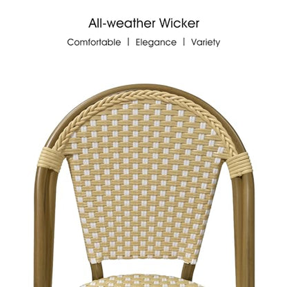 Bistro Chair (Set of 2) French Hand-Woven Wicker Chairs for Outdoor Patio Porch Garden Indoor, Bamboo Print Finish, Cream Yellow, Dining Chairs