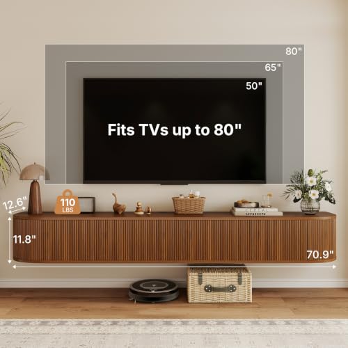 71" Floating TV Stand Wall Mounted Console, Mid Century TV Cabinet, view 3