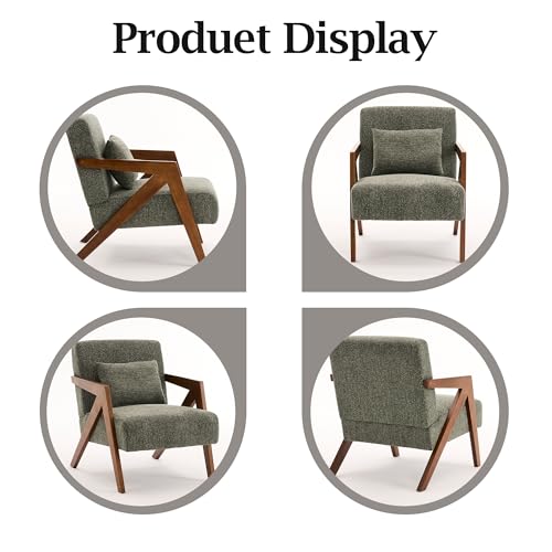 Mid-Century Modern Accent Chair Set of 2 with Solid Wood Frame，Upholstered Chenille Living Room Arm Chairs with Pillow for Bedroom, Living Room, Reading Room, Balcony, Green