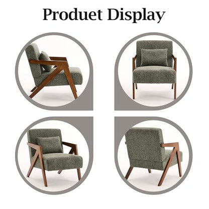 Mid-Century Modern Accent Chair Set of 2 with Solid Wood Frame，Upholstered Chenille Living Room Arm Chairs with Pillow for Bedroom, Living Room, Reading Room, Balcony, Green