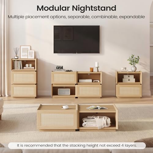 Rattan Nightstand with Wicker Decorated Drawer, Natural Rattan Night Stand with Open Compartment, Modular Stackable Side Table, Boho Bedside Table, End Side Table for Bedroom