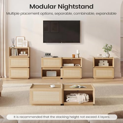 Rattan Nightstand with Wicker Decorated Drawer, Natural Rattan Night Stand with Open Compartment, Modular Stackable Side Table, Boho Bedside Table, End Side Table for Bedroom