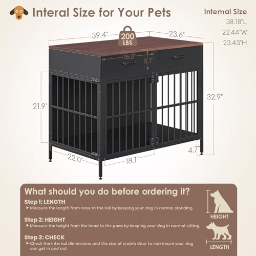 XL Dog Crate Furniture, 39.4" Heavy-Duty Dog Kennel with 2 Storage Drawers, view 3