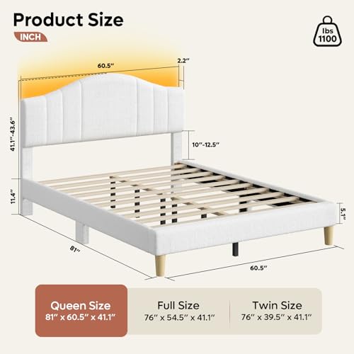 Queen Upholstered Bed Frame, Arc LED Headboard, White Fabric, view 3