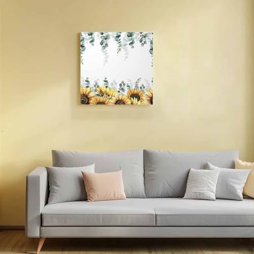 Sunflower Eucalyptus Wall Art Decor for Living Room Bedroom Kitchen Office Hotel, Farmhouse Weeping Botanical Wooden Framed Canvas Picture Oil Painting with Wrapped Design - Ready To Hang 8"x8"