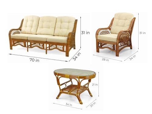 Malibu Lounge Set of 4: 2 Natural Rattan Wicker Chairs, Three-Seater Sofa with Cushions, and Coffee Table with Glass Handmade, Colonial Color