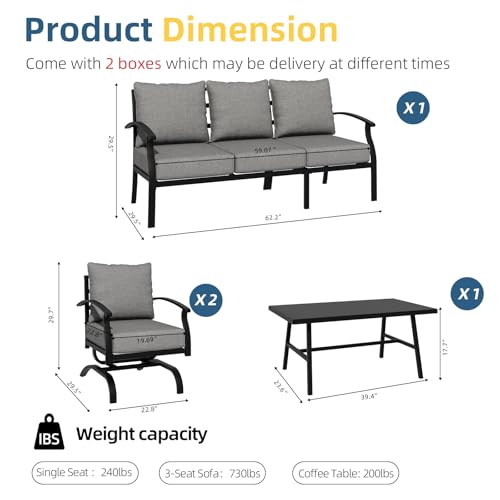4 Piece Patio Furniture Set,Outdoor Metal Patio Furniture with Coffee Table & Rocking Chairs Conversation Set for Porch,Backyard,Poolside, Garden-Grey