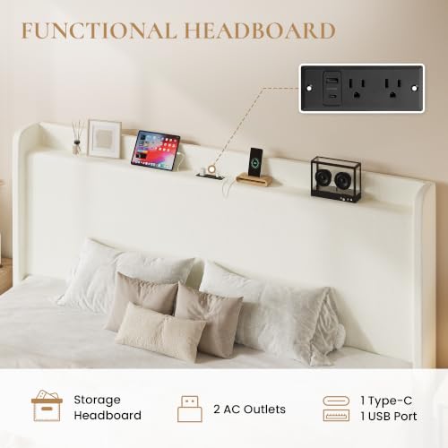 King Size Bed Frame, Chenille Storage Headboard and USB, White, view 5