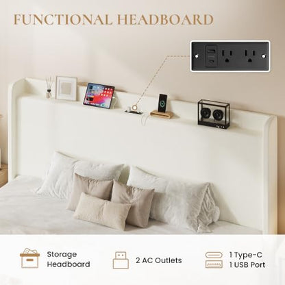 King Size Bed Frame, Chenille Storage Headboard and USB, White, view 5