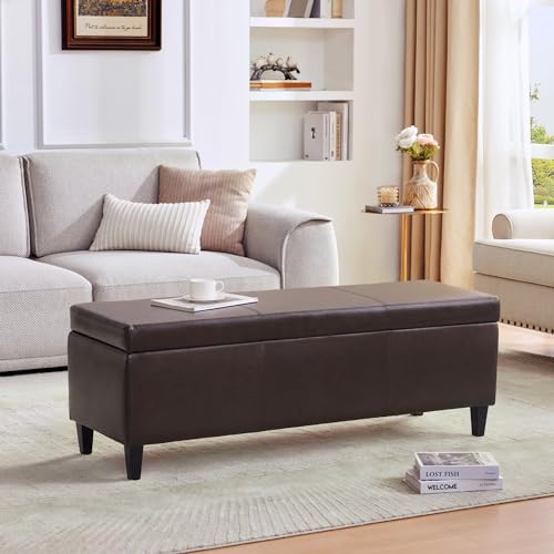 Faux Leather Storage Ottoman Bench 50.3 Inch Extra Long PU Upholstered Bedroom Bench with Large Storage Space for The Living Room, Entryway, Bedroom Hold Up to 300lbs (Brown)