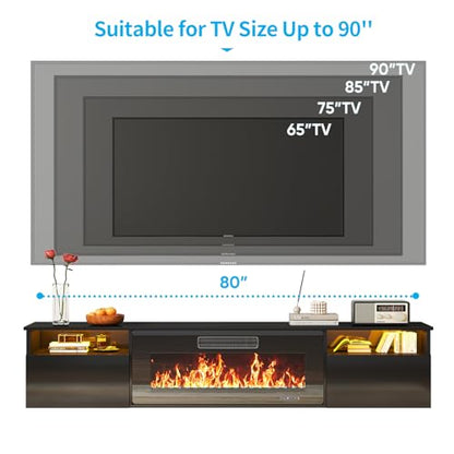 70" Floating TV Stand with 36" Electric Fireplace Heater, Black, view 8