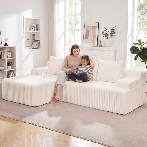 Modular Sectional - L-Shape Cloud Seating with Memory Foam, Convertible 3-Seat Living Room Furniture, Oversized Chaise Lounge, Washable Cover (White, 98", Left Hand Facing)