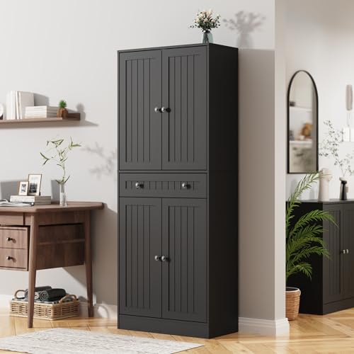 Kitchen Pantry Storage Cabinet, 71" H Farmhouse Pantry Cabinet with 4 Doors & Drawer, Freestanding Cupboard with Adjustable Shelves, Rustic Wood Cupboard for Kitchen, Dining Room, Black