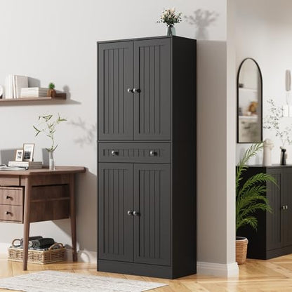 Kitchen Pantry Storage Cabinet, 71" H Farmhouse Pantry Cabinet with 4 Doors & Drawer, Freestanding Cupboard with Adjustable Shelves, Rustic Wood Cupboard for Kitchen, Dining Room, Black