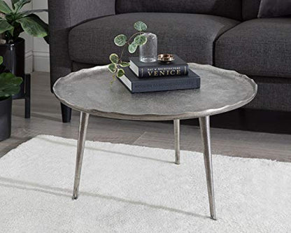 Alessia Modern Round Metal Coffee Table, 26 x 26 x 16, Silver, Sand Cast Aluminum Coffee Table with Raised Deckled Edge for Storage and Display