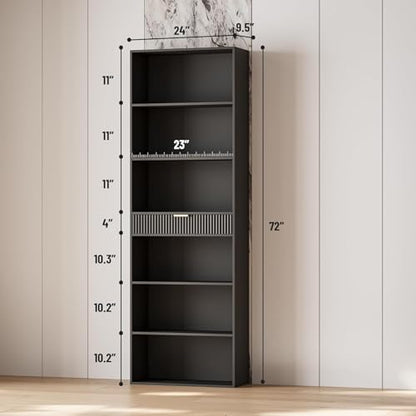 7-Tier Bookshelf with Storage, 72" Tall Bookcase with Drawer, Display Book Shelf Book Organizer with Anti-tip Device, Home Decor Wood Furniture for Office, Bedroom, Living Room, Black