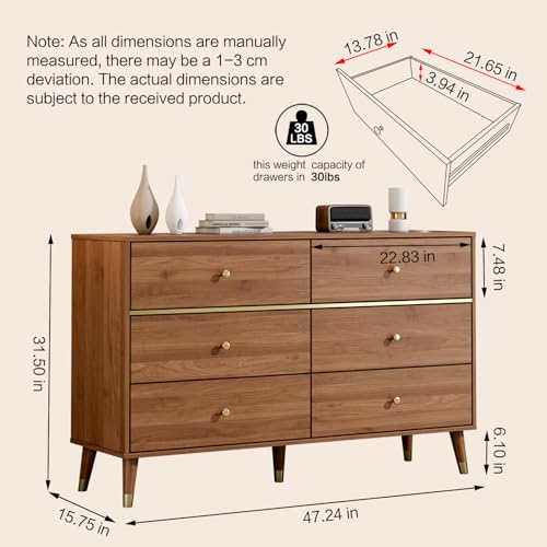 6 Drawer Dresser, 47" Wide Mid Century Chest of Drawers, view 3