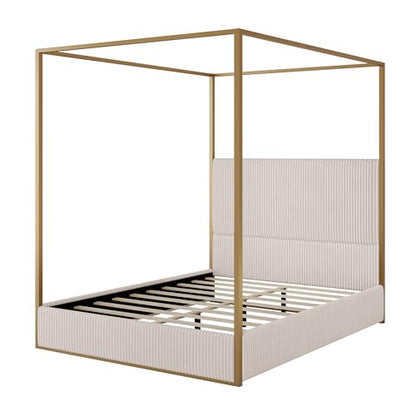Luxury Queen Metal Canopy Bed with Tall Upholstered Headboard, Beige, view 7