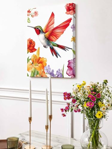 NuYeBiofx Garden Flower Lily Hummingbird Canvas Wall Art Prints,48"x32" Framed Picture Artwork Farm Bloom Carnation Floral Printed Canvas Oil Painting for Living Room Bedroom Office,Ready to Hang
