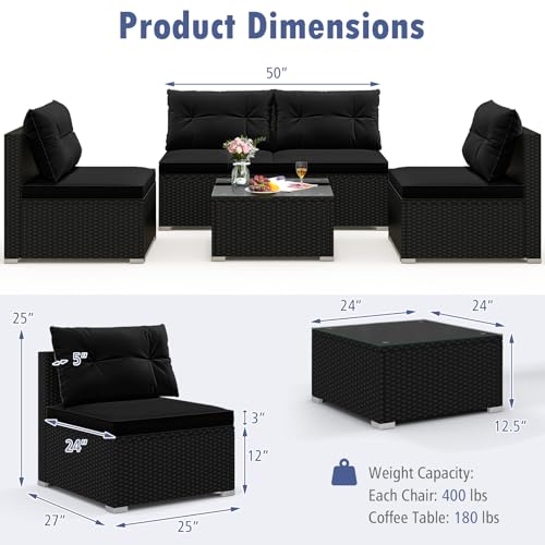 5 Piece Rattan Sofa Set, Outdoor Wicker Furniture Set w/Seat & Back Cushions, Square Coffee Table, Patio Sectional Sofa Set for Backyard, Poolside, Garden (Black)