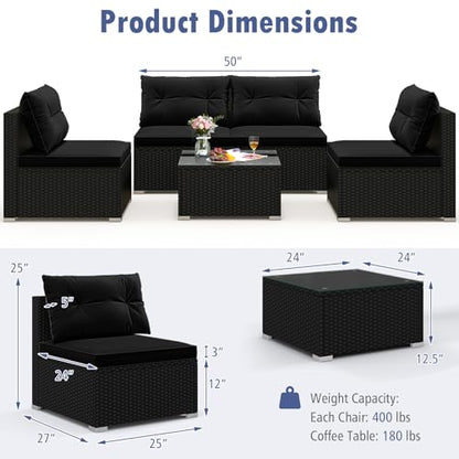 5 Piece Rattan Sofa Set, Outdoor Wicker Furniture Set w/Seat & Back Cushions, Square Coffee Table, Patio Sectional Sofa Set for Backyard, Poolside, Garden (Black)