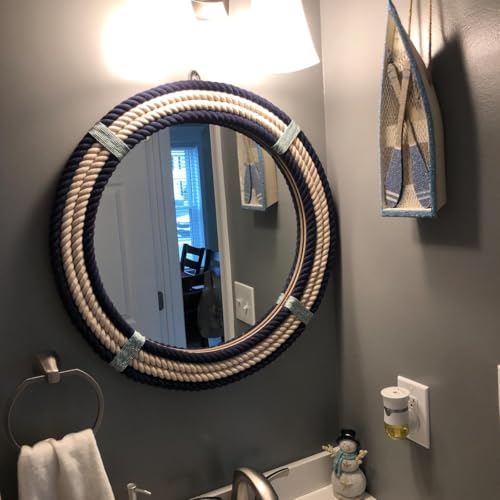 Nautical Round Rope Mirror, White Twisted Rope Wall Hanging Mirror, Rustic Coastal Boho Farmhouse Wall Décor for Bathroom, Bedroom, Nursery, Entryway & Living Room