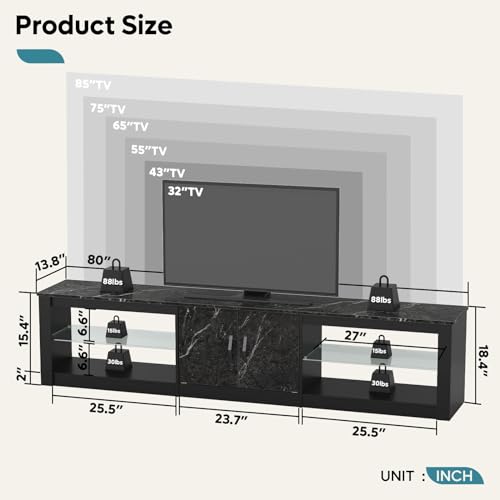 80 Inch TV Stand for 75/85/86 inch TVs, LED Gaming Entertainment Center for PS5 with Storage Cabinet &Adjustable Glass Shelves, Large TV Console Table for Living Room Bedroom, Black Marble