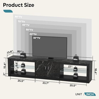80 Inch TV Stand for 75/85/86 inch TVs, LED Gaming Entertainment Center for PS5 with Storage Cabinet &Adjustable Glass Shelves, Large TV Console Table for Living Room Bedroom, Black Marble