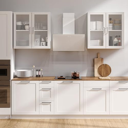 48" Kitchen Wall Cabinets 4 Doors - Laundry Upper Wall Amount Storage Cabinets with Acrylic Soft Glass Doors, in White, One Set of 2 Pieces