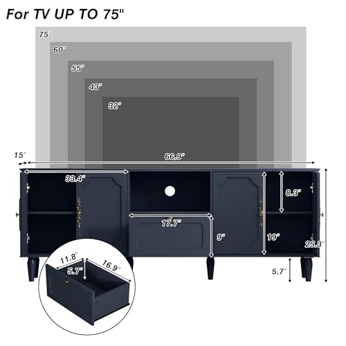 Vintage TV Stand for 75 inch TV, 67” Living Room TV Console, Blue, view 4