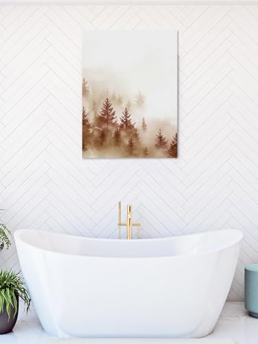 NuYeBiofx Misty Forest Retro Brown Tree Canvas Wall Art Prints,40"x28" Framed Picture Artwork Minimalist Style Printed Canvas Oil Painting for Living Room Bedroom Office,Ready to Hang