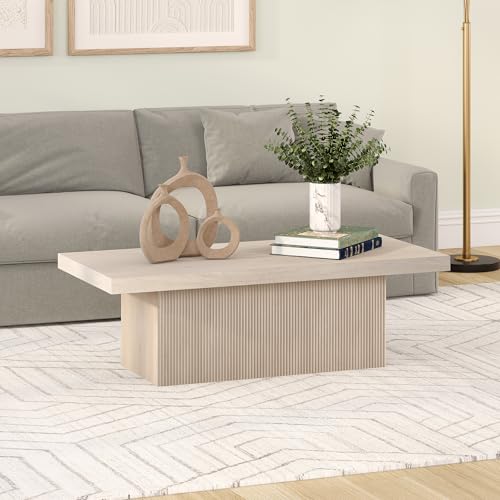 48" Fluted Low-Profile Rectangular Coffee Table with Ribbed Base for Living Room, Family Room, or Office, Beech White