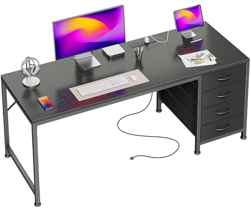 55.1 Inch Computer Office Desk with Power Outelts and USB-C Port, Reversible Gaming Desk with 4 Fabric Drawers, Work Study Desk Work from Home, Black