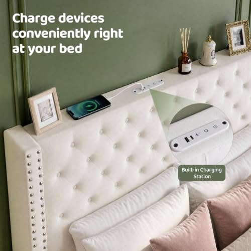 Queen Upholstered Bed Frame with RGB LED Lights and Charging Station, view 6