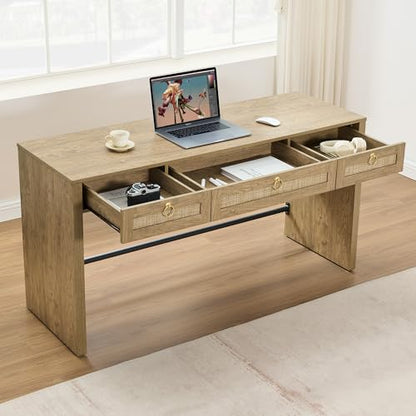 60" Rattan Computer Desk Writing Table with Storage: Long Home Office Desk with 3 Drawers, Farmhouse Executive Desk Console Table for Living Room, Office (Carbon Cherry, 1 Piece)
