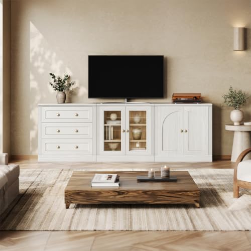 White modular TV stand with drawers and adjustable shelves, view 4