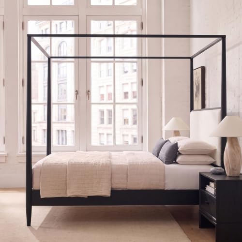 Queen Size Wood Canopy Bed with Upholstered Headboard, Black, view 5