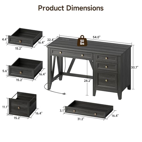 54 Inch Farmhouse Executive Desk, Computer Desk with Drawers, Home Office Desk with Charging Station, for Working Studying Writing, Black
