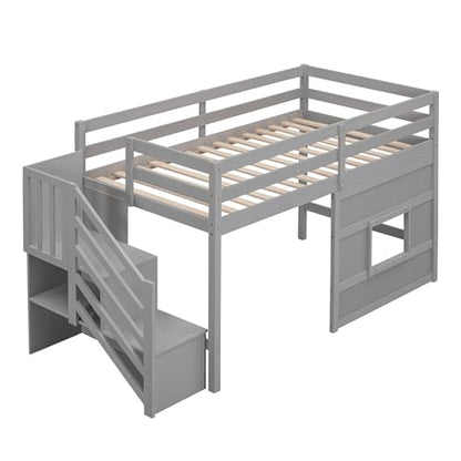 Twin Size Loft Bed with Storage Staircase and Window,Wood loft Bed Frame w/Length Guardrail & Slat Support,No Box Spring Needed,for Kids Teens Boys Girls,Gray
