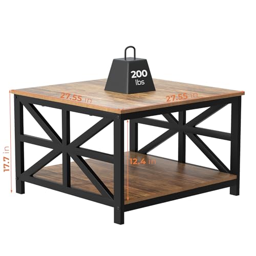 Rustic Living Room Coffee Table with 2 Tier Storage | X Metal Frame Square Center Table with Seamless One-Piece Tabletop,27.55 inch Sofa Table,Scratch-resistant,Walnut
