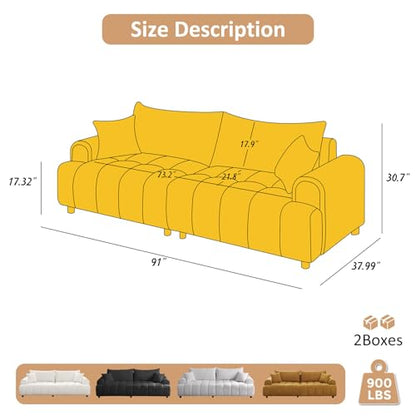 Boucle Sofa Couch, 91" Comfy Tufted Upholstered Cloud Couches, Modern 3 Seater Sofa with Pillows, Oversized Deep Seat Sherpa Couch for Living Room, Bedroom, Apartment (Camel Color)
