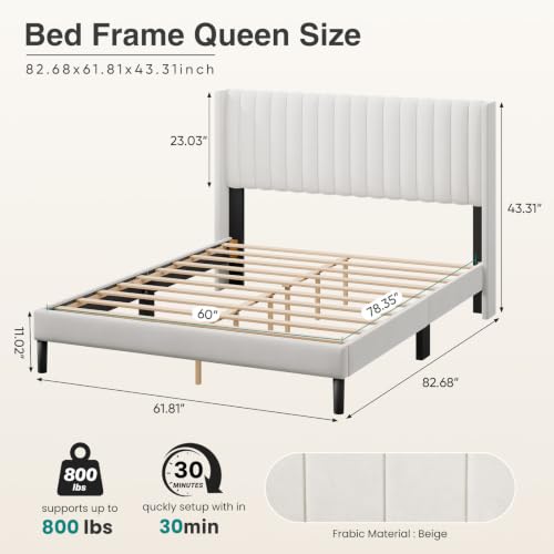 Upholstered Queen Bed Frame with Headboard Platform Beds Beige, view 3