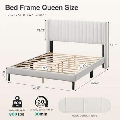 Upholstered Queen Bed Frame with Headboard Platform Beds Beige, view 3