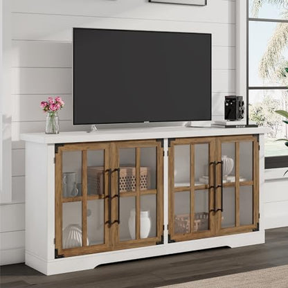 63" Farmhouse TV Stand with 4 Glass Doors, Modern Buffet Sideboard Cabinet with Storage, Entertainment Center with Adjustable Shelf for TV's up to 75", White/Barnwood