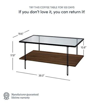 Nathan James Asher Mid-Century Rectangle Coffee Table Glass Top and Wood Finish Storage Shelf with Metal Legs, Walnut/Black