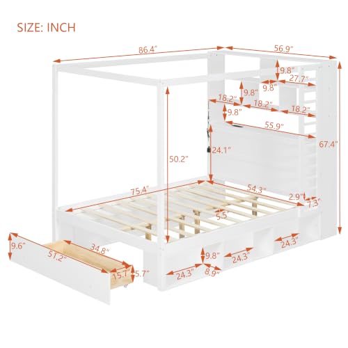 Full Size Wooden Canopy Bed Frame with Bookcase Headboard,USB Outlets, view 3