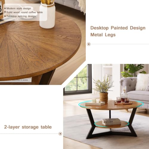 Round Coffee Table, Solid Wood Circle Coffee Table with 2-Tier Storage, view 5