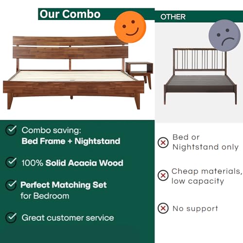 Acacia Aurora King Solid Wood Bed Frame with Headboard – Gift Matching Nightstand Included, Mid-Century Modern Farmhouse, Walnut Finish, 800 lbs Capacity, Sturdy, No Box Spring, Easy Assembly